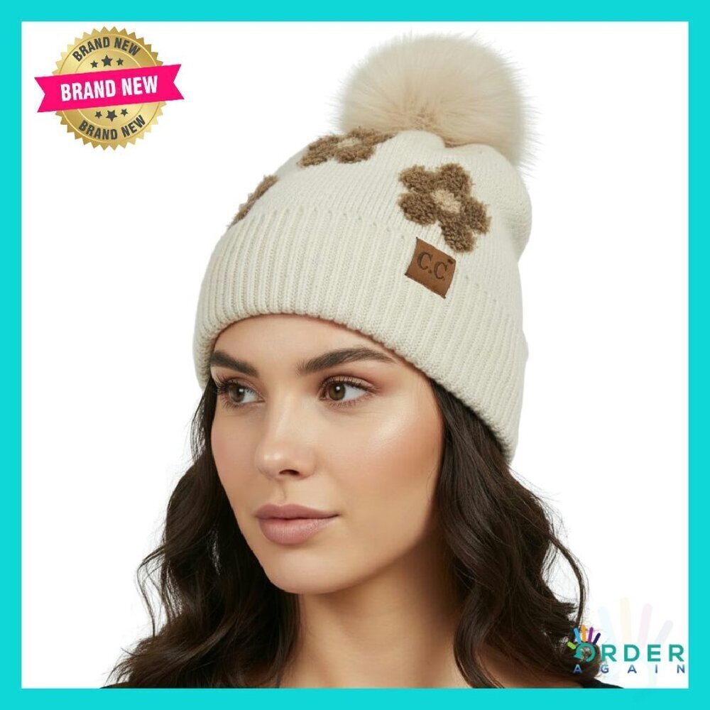 Ultra Soft Chenille Beanie Faux Fur Pom Pom Winter Hat Warm Ski Cap